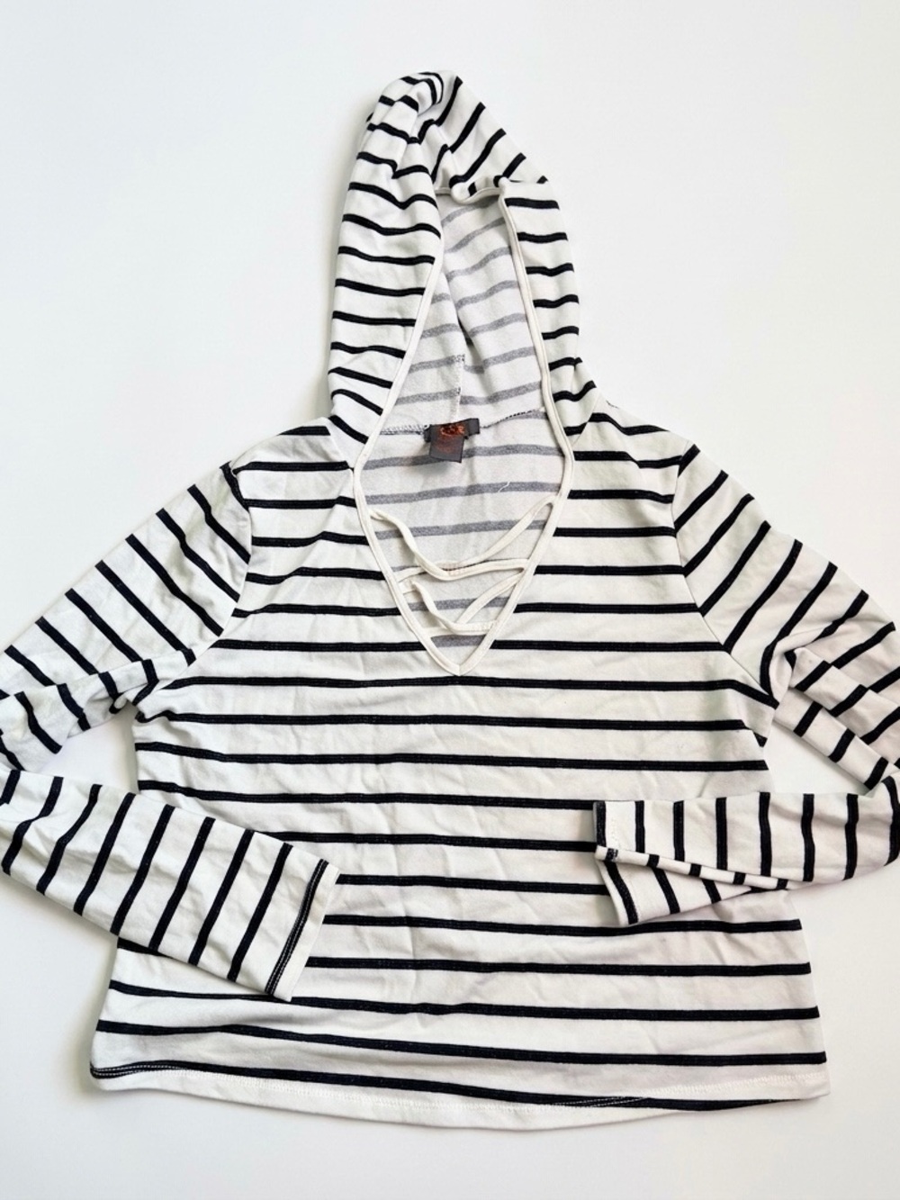 Striped V-Neck Hooded Sweatshirt - Black & White